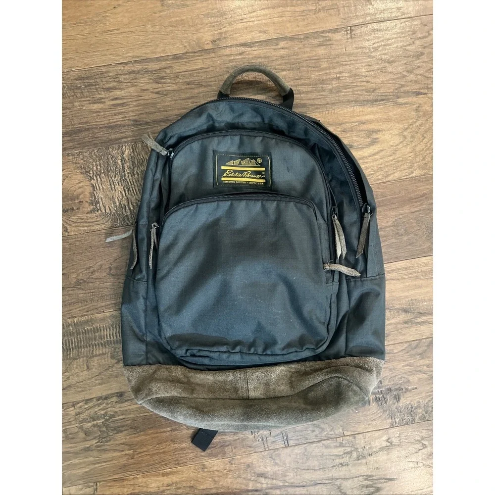 Vintage Eddie Bauer Backpack Forest Green Canvas Suede Leather Bottom Daypack